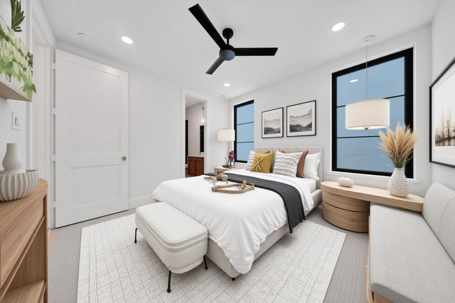 Secondary bedroom virtually staged on 3rd floor. Secondary bedroom virtually staged on 3rd floor.