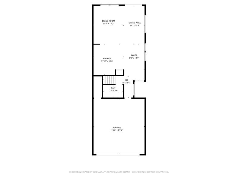 This first-floor digital floor plan showcases a thoughtfully designed open layout featuring a spacious living room, dining area, and modern kitchen, complemented by a welcoming foyer, convenient bath, and attached garage for seamless living.