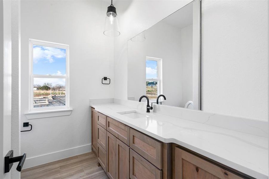 Bathroom with wood-type flooring, vanity, and a healthy amount of sunlight