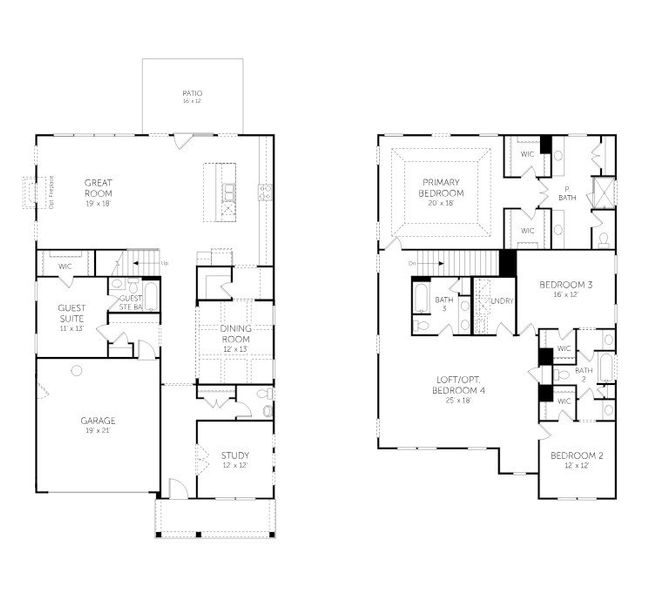 2D floor plan layout for the Crestwood - Single Family Homes by Dream Finders Homes in Cherrywood Estates, Summerville, SC (Image 5). 2D floor plan layout for the Crestwood - Single Family Homes by Dream Finders Homes in Cherrywood Estates, Summerville, SC (Image 5).