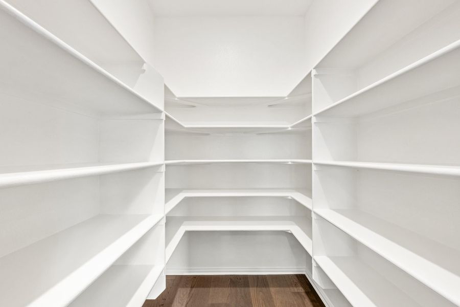 Walk-in pantry with white wrap-around shelving on three walls and dark hardwood floors