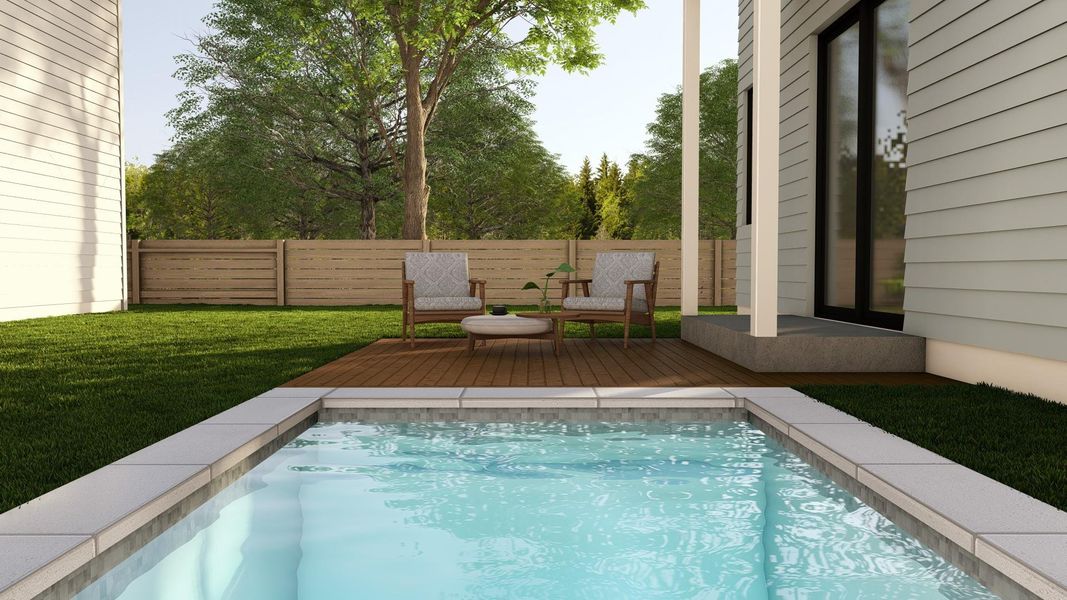 View of swimming pool featuring a fenced backyard and a wooden deck