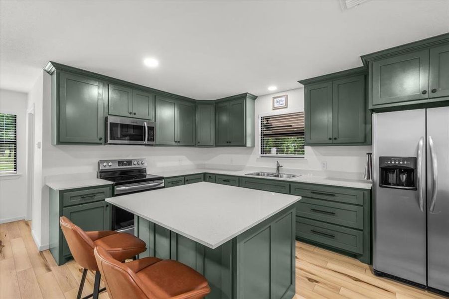 Kitchen featuring green cabinetry with dark hardware, white countertops, stainless steel appliances, and wood-finish flooring