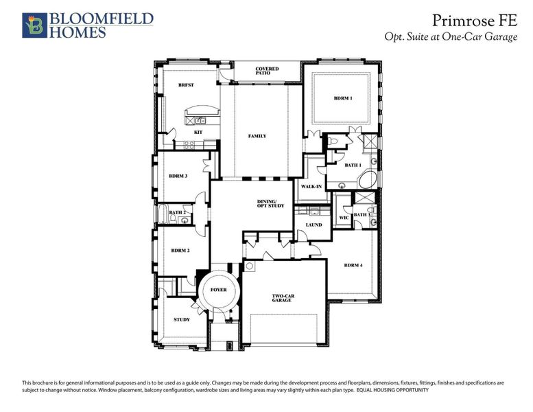 Bloomfield Homes Primrose FE floor plan with four bedrooms, study, family room, and two-car garage option.