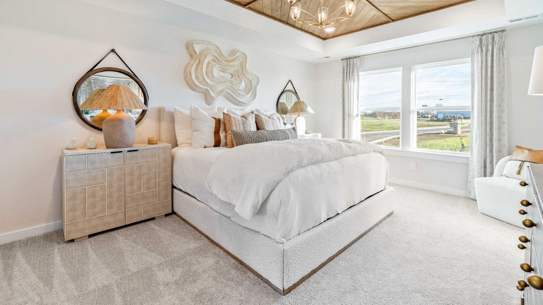 Primary bedroom with accent tray ceiling, windows, and carpet