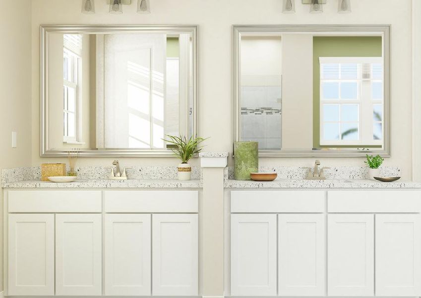 Rendering of spacious master bath showing
  a double sink vanity with white cabinetry and light fixtures and a view of
  the master bedroom on the right.