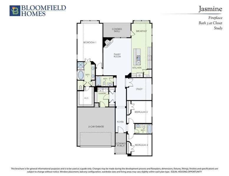 Bloomfield Homes Jasmine floor plan with three bedrooms, study, family room, kitchen, and two-car garage. Bloomfield Homes Jasmine floor plan with three bedrooms, study, family room, kitchen, and two-car garage.