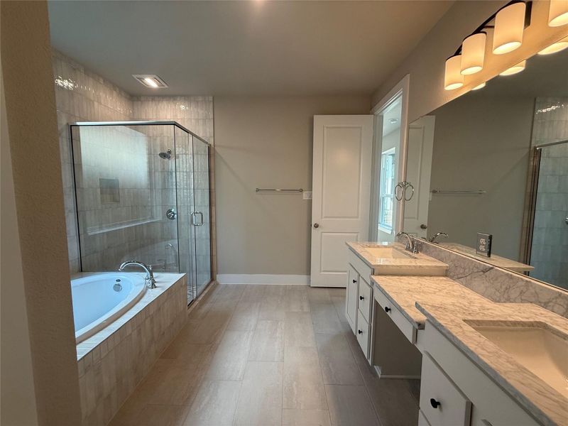 This main bathroom has it all, separate shower, soaker tub and double vanities.