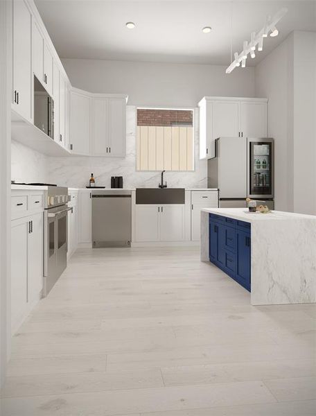 Enjoy a spacious, contemporary kitchen with white cabinetry and sleek countertops, featuring a large central island and high ceilings. Well-lit with natural light and has non-slippery floor tiles, easy to wash and clean. All photos are virtual renderings. Actual finishes and details may vary.