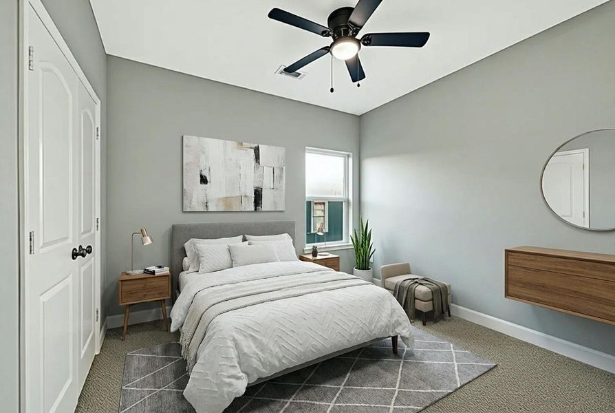 This is a modern bedroom with a soft gray color scheme, staging a comfortable bed with a gray headboard, bedside tables, and a geometric rug. A ceiling fan hangs above, and a window provides natural light. The room is neatly decorated with minimalist art and a round mirror.