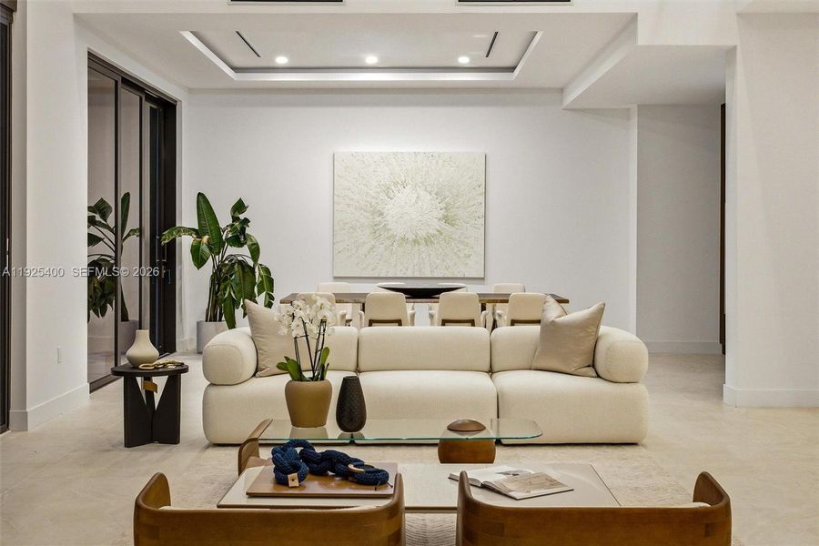 Living Room | Tray Ceiling | Designer Furnishings | Open Floor Plan Living Room | Tray Ceiling | Designer Furnishings | Open Floor Plan