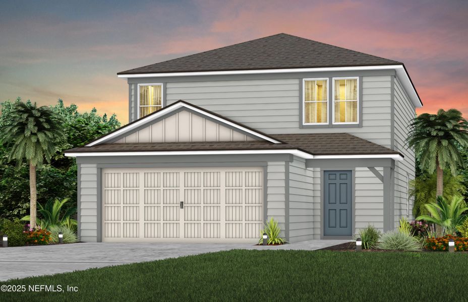Front exterior of a new home in Wells Landing, Jacksonville, FL, highlighting curb appeal (Image 1).