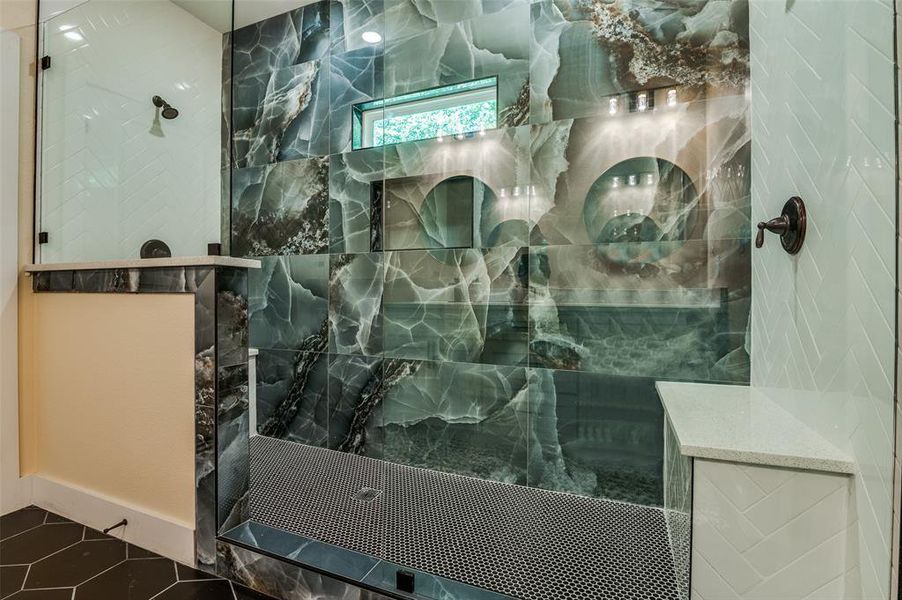 Huge walk in shower with dual shower heads. Huge walk in shower with dual shower heads.