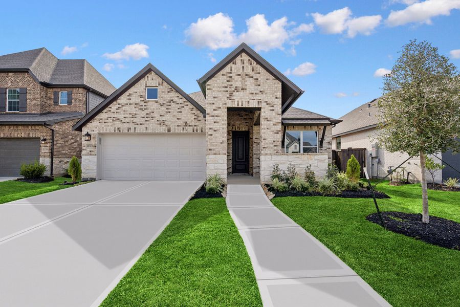 Front exterior of a new home in Riceland - Enclave Collection, Mont Belvieu, TX, highlighting curb appeal (Image 1). Front exterior of a new home in Riceland - Enclave Collection, Mont Belvieu, TX, highlighting curb appeal (Image 1).