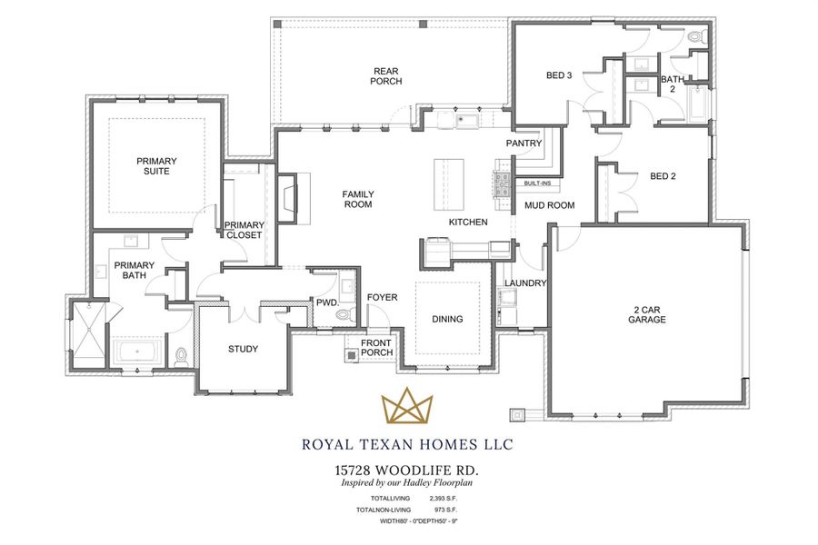 Open layout inspired by the Hadley plan. Single-story custom home has great flow and use of space for family life and entertaining. Spacious family room, private home office, separate dining room, and island kitchen. Split plan has 3 bedrooms and 2.5 baths.