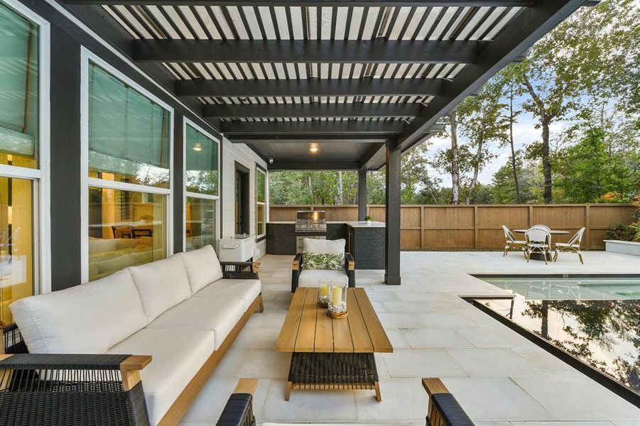 Rainproof covered pergola for outdoor seating