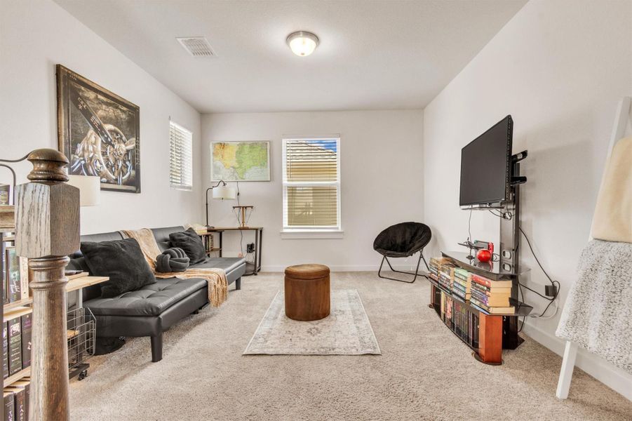 This cozy living area features neutral carpeting, a modern black futon, and a mounted TV. Natural light streams through the windows, and the room is accented with artwork and bookshelves, creating a comfortable and inviting space.