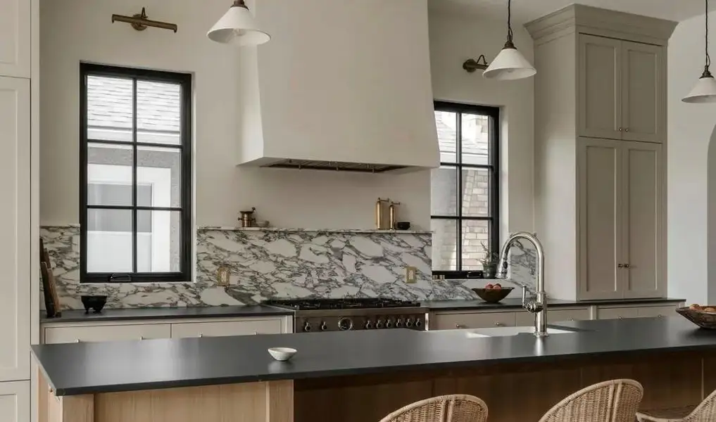 Kitchen featuring a built-in range with a custom hood, black framed windows, and a marble backsplash