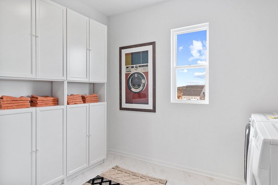 A kitchen with white cabinets.