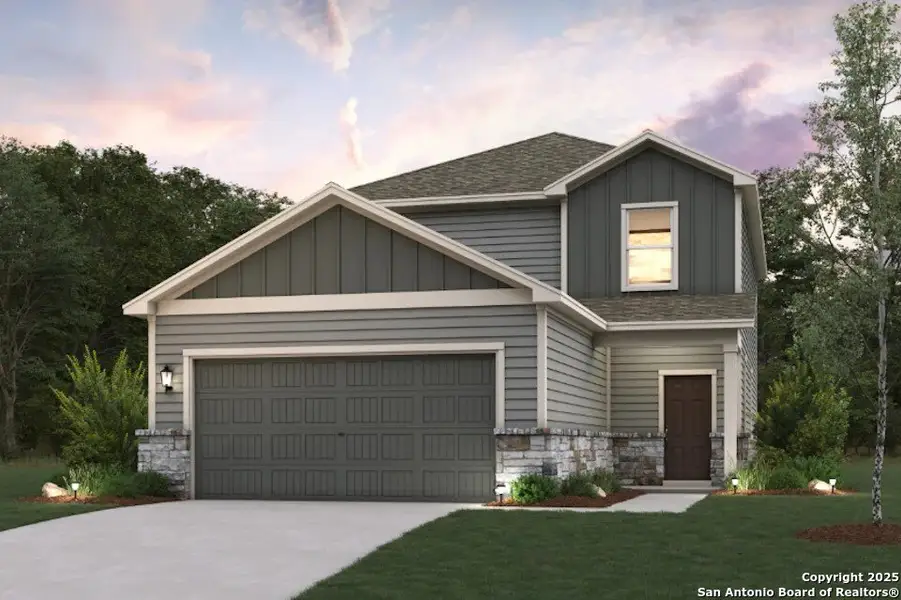 Front exterior of a new home in Millican Grove, San Antonio, TX, highlighting curb appeal (Image 1). Front exterior of a new home in Millican Grove, San Antonio, TX, highlighting curb appeal (Image 1).