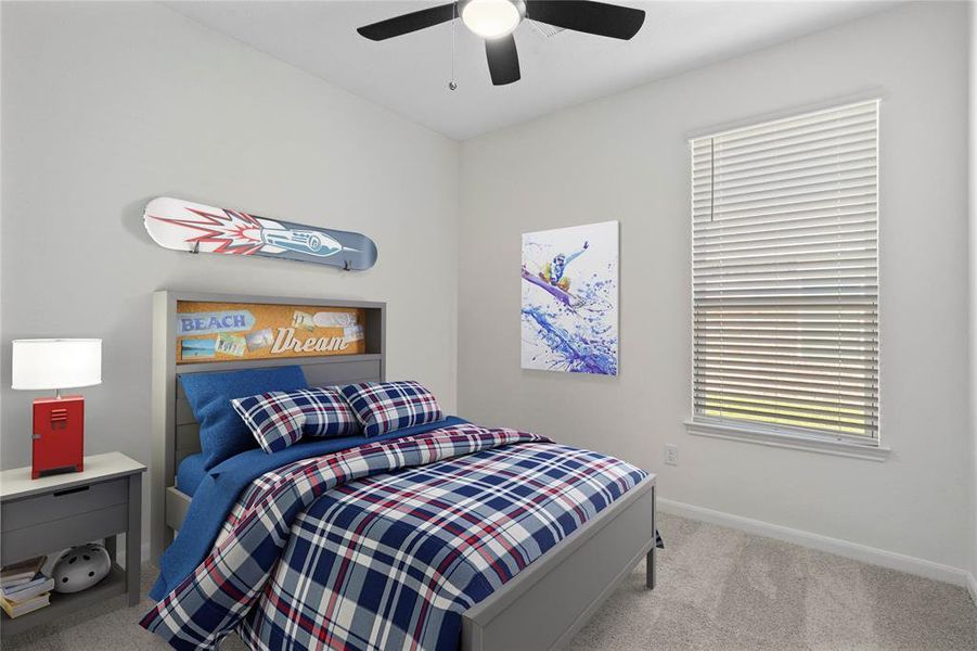 Secondary bedroom features plush carpet, and a large window with privacy blinds.