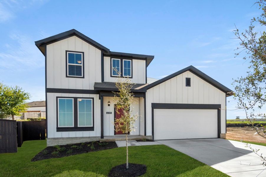 Front exterior of a new home in Cloverleaf, Austin, TX, highlighting curb appeal (Image 21).