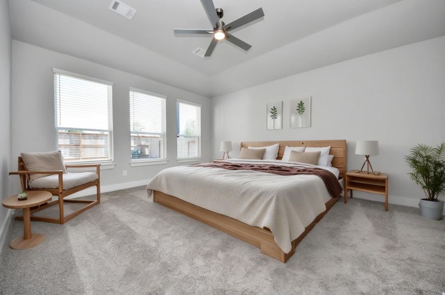 Virtually Staged - Primary Bedroom. Sample photo of completed home with similar floor plan. Actual colors and selections may vary. Virtually Staged - Primary Bedroom. Sample photo of completed home with similar floor plan. Actual colors and selections may vary.
