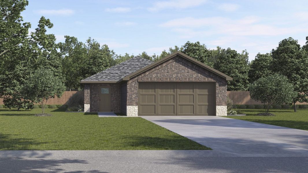 Front exterior of a new home in Asher Oaks, Bonham, TX, highlighting curb appeal (Image 2). Front exterior of a new home in Asher Oaks, Bonham, TX, highlighting curb appeal (Image 2).