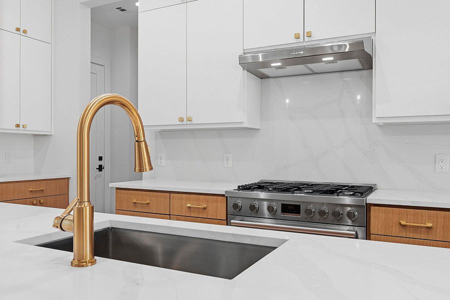 Gleaming countertops and modern cabinetry frame a premium gas range in this sleek kitchen.