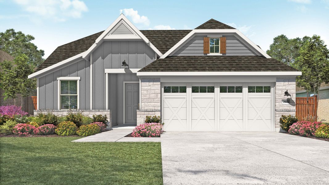 Representative exterior photo of a completed home built from the Palm by DRB Homes in Heritage Mill, Hutto, TX (Image 6). Representative exterior photo of a completed home built from the Palm by DRB Homes in Heritage Mill, Hutto, TX (Image 6).