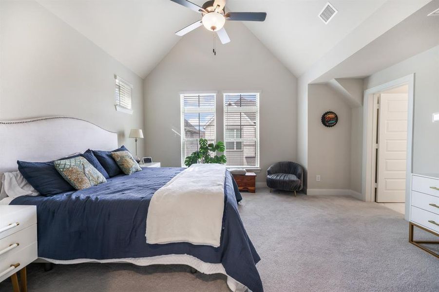 Bedroom featuring carpet, ceiling fan, and lofted ceiling