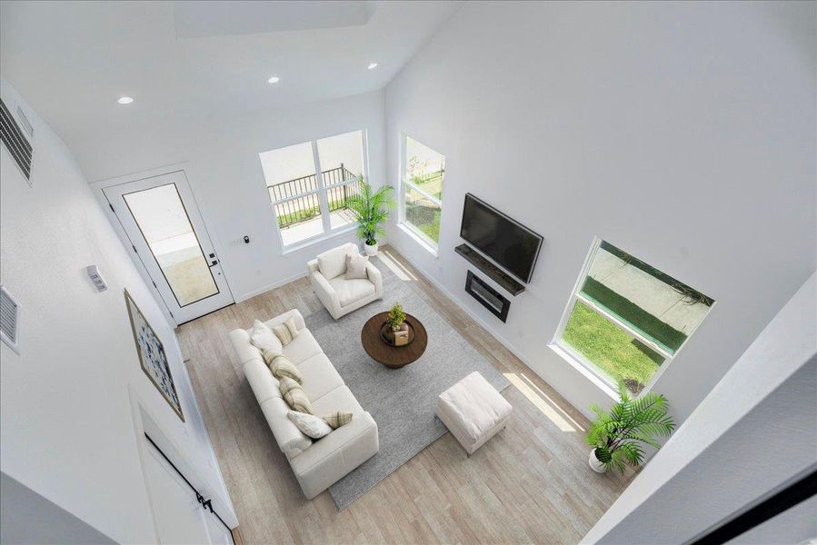 Open living with cathedral ceilings.