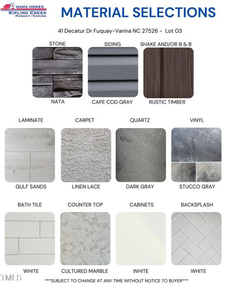 Material Color Selection Sheet