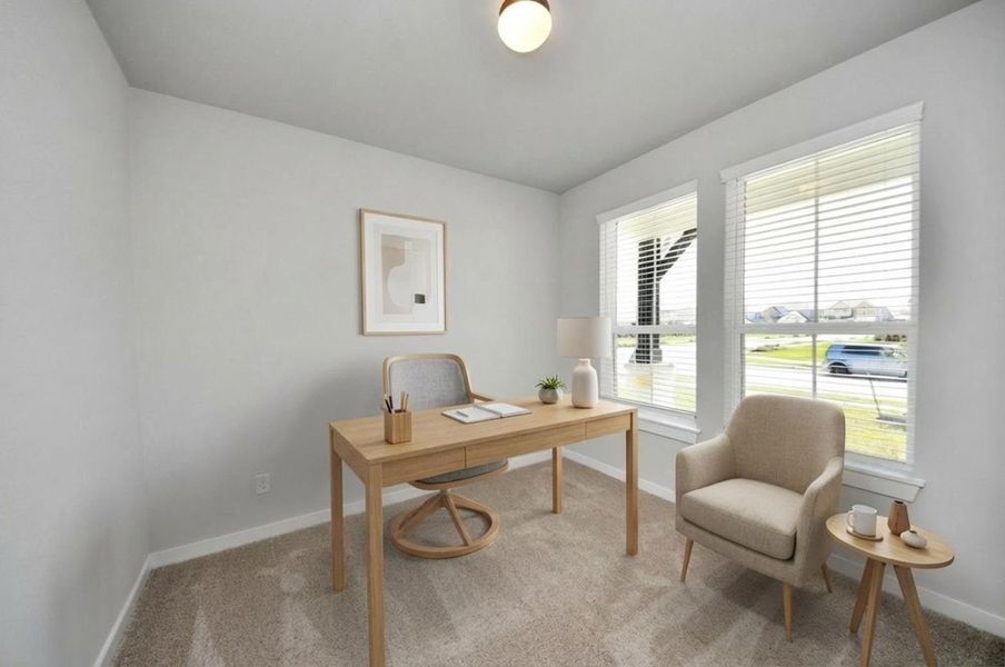 Virtually Staged - At the forefront, a refined home office beckons productivity and focus. Luxurious details like plush carpeting, custom paint, expansive windows with privacy blinds, and French doors create an inspiring workspace. Sample photo of completed home with similar floor plan. Actual colors and selections may vary.