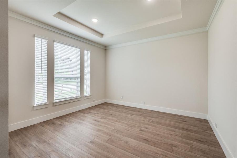 Spare room with a raised ceiling, light wood finished floors, baseboards, ornamental molding, and recessed lighting Spare room with a raised ceiling, light wood finished floors, baseboards, ornamental molding, and recessed lighting
