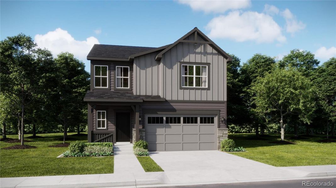 Front exterior of a new home in Muegge Farms: The Storybook Collection, Bennett, CO, highlighting curb appeal (Image 1).