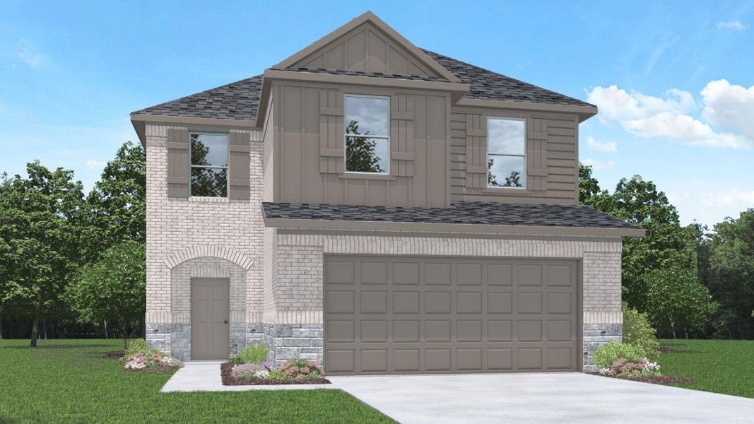 Front exterior of a new home in Cypress Green, Hockley, TX, highlighting curb appeal (Image 1). Front exterior of a new home in Cypress Green, Hockley, TX, highlighting curb appeal (Image 1).