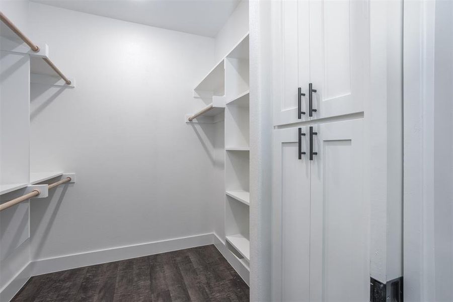 Spacious closet featuring dark wood-style flooring Spacious closet featuring dark wood-style flooring