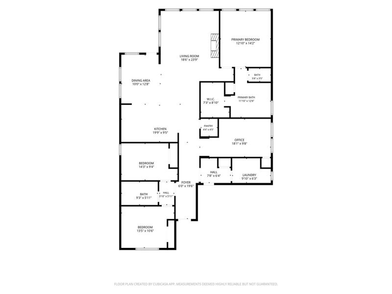 Spacious floor plan featuring a large living room, a primary bedroom with en-suite bath and walk-in closet, two additional bedrooms, an office, and a convenient laundry room.