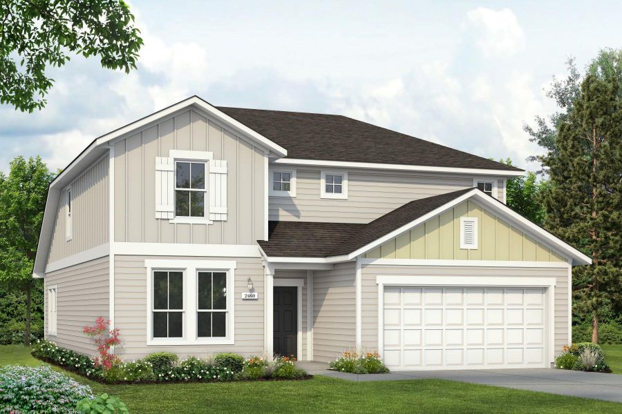 View of front of property with a garage, concrete driveway, roof with shingles, a front lawn, and board and batten siding