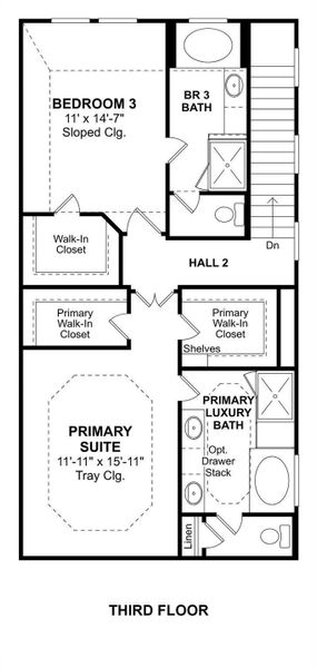 Third floor layout highlighting the private primary suite with dual walk-in closets and luxury bath, plus an additional bedroom with ensuite bath. Third floor layout highlighting the private primary suite with dual walk-in closets and luxury bath, plus an additional bedroom with ensuite bath.