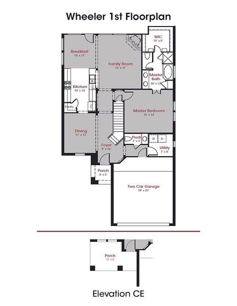 2D floor plan layout for the Wheeler by Kendall Homes in Columbia Lakes, West Columbia, TX (Image 3).