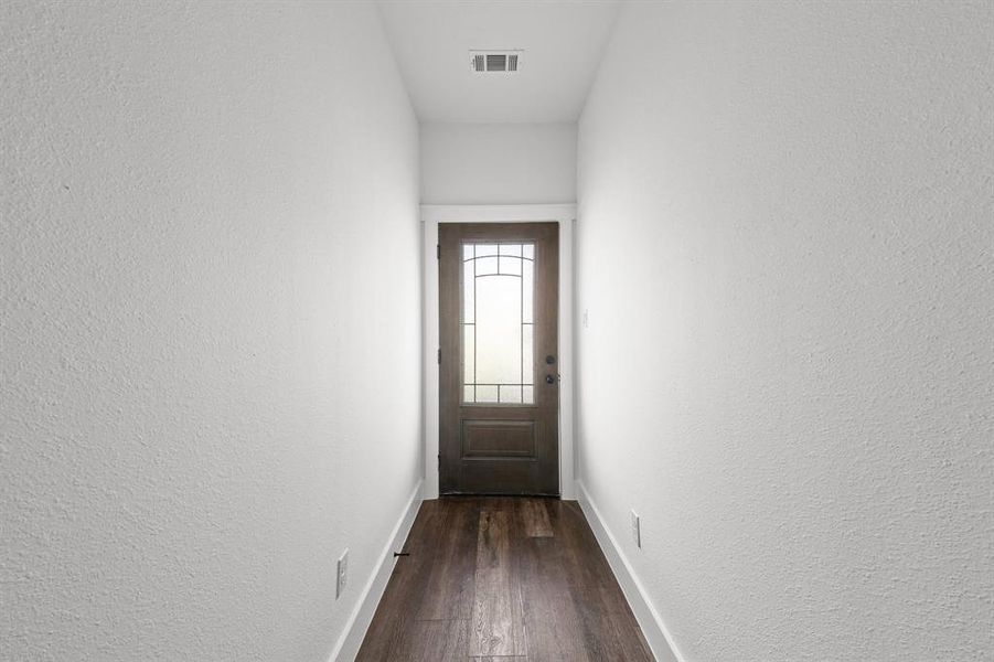 Entryway featuring dark wood-type flooring