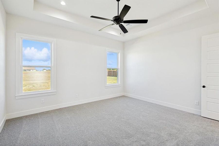 Spare room featuring ceiling fan, carpet flooring, and a tray ceiling