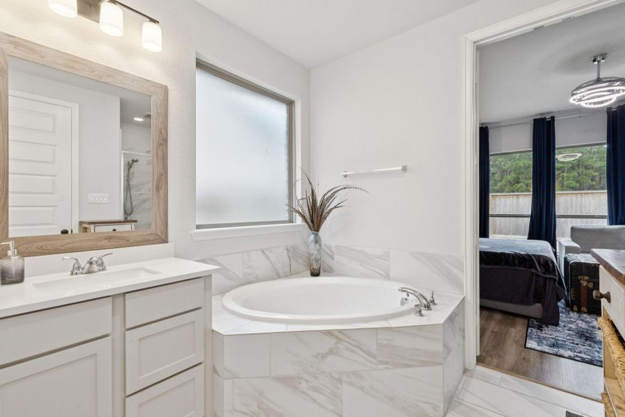 Primary bath - dual sinks, shower, and soaking tub.