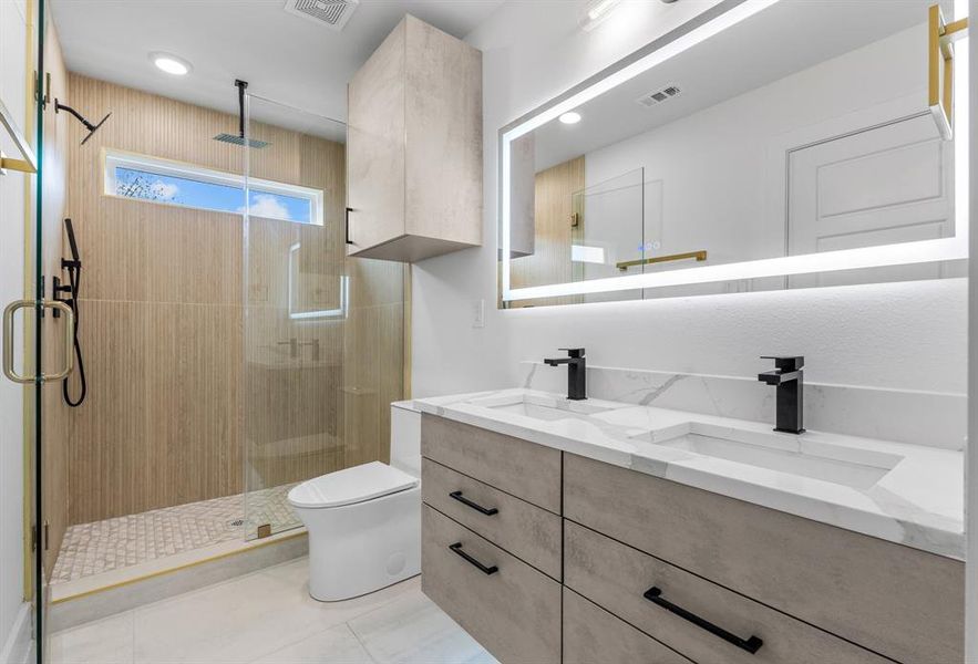 Full bath featuring a shower stall, visible vents, toilet, and a sink