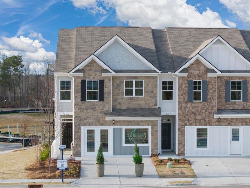 Front exterior of a new home in Greyton Springs Place, Buford, GA, highlighting curb appeal (Image 25).
