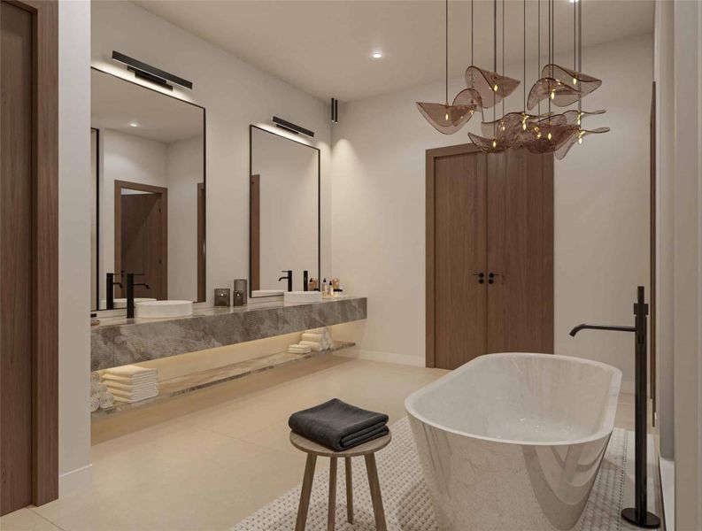 Bathroom with vanity, a freestanding tub, recessed lighting, and tile patterned floors Bathroom with vanity, a freestanding tub, recessed lighting, and tile patterned floors