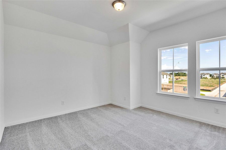 Carpeted spare room featuring baseboards and lofted ceiling Carpeted spare room featuring baseboards and lofted ceiling