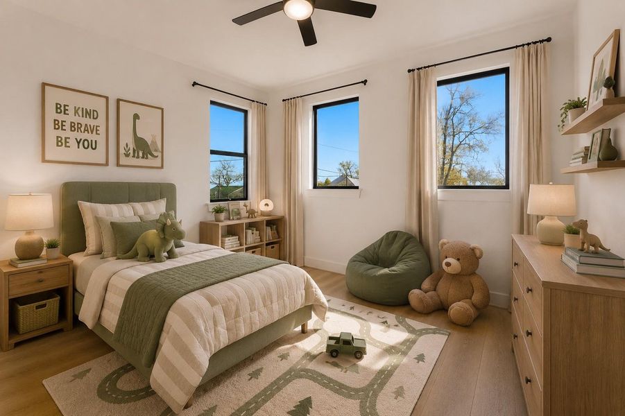 One of three upstairs bedroom offers 10-foot ceilings and a generously sized walk-in closet. (Virtually staged)